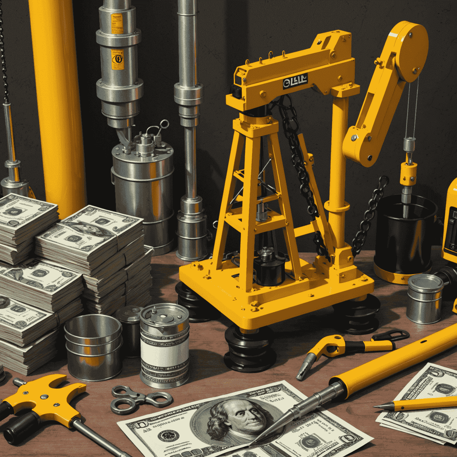 Illustration of oil rig equipment with maintenance tools and dollar signs, symbolizing profitable oil equipment maintenance services