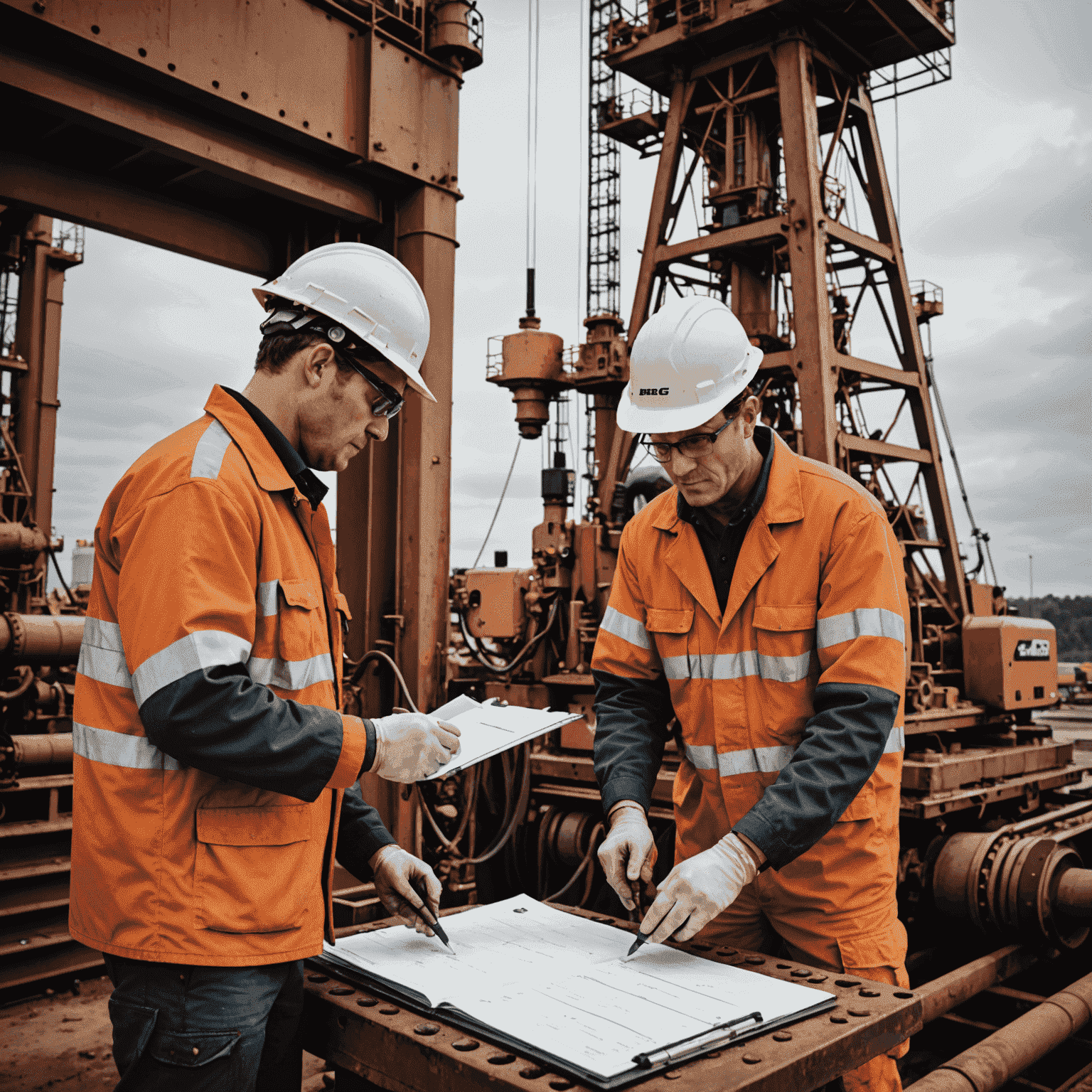 Oil rig workers performing routine checks on drilling equipment, with a checklist and diagnostic tools visible