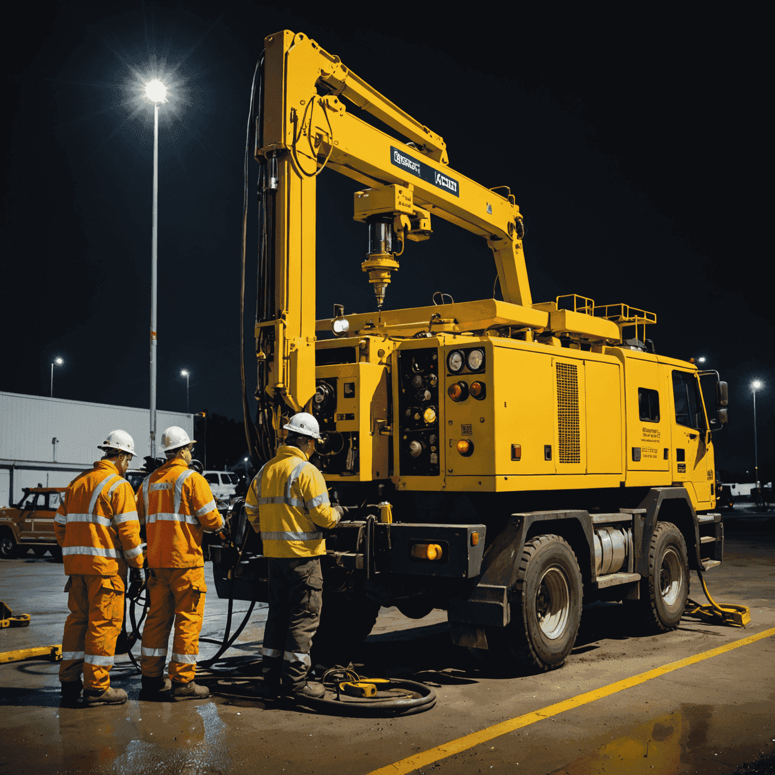 Emergency repair team working on oil equipment at night, with floodlights illuminating the scene. Workers in safety gear are seen repairing a large pump or valve.