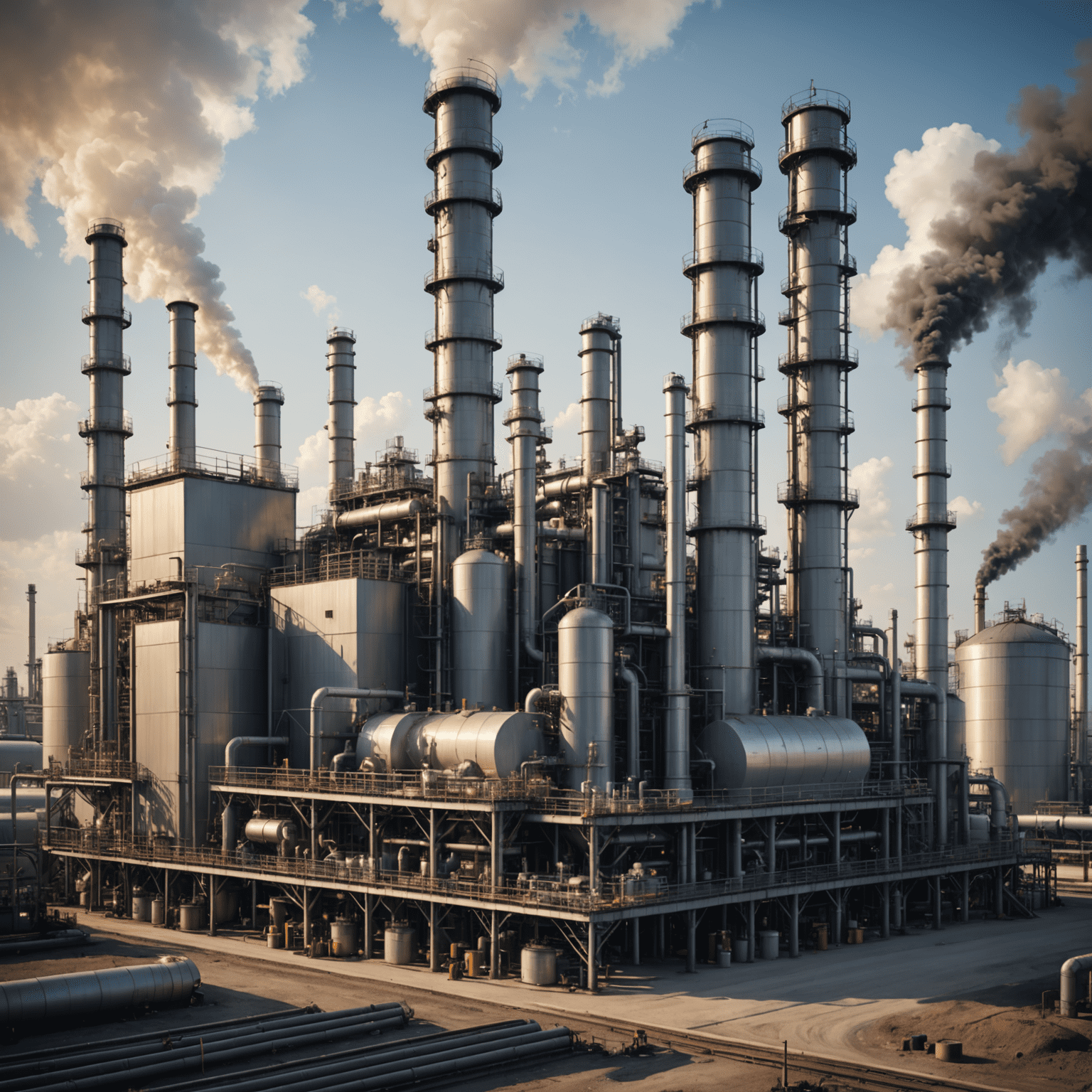 Oil refinery with modern environmental compliance equipment, showcasing clean emissions and sustainable practices