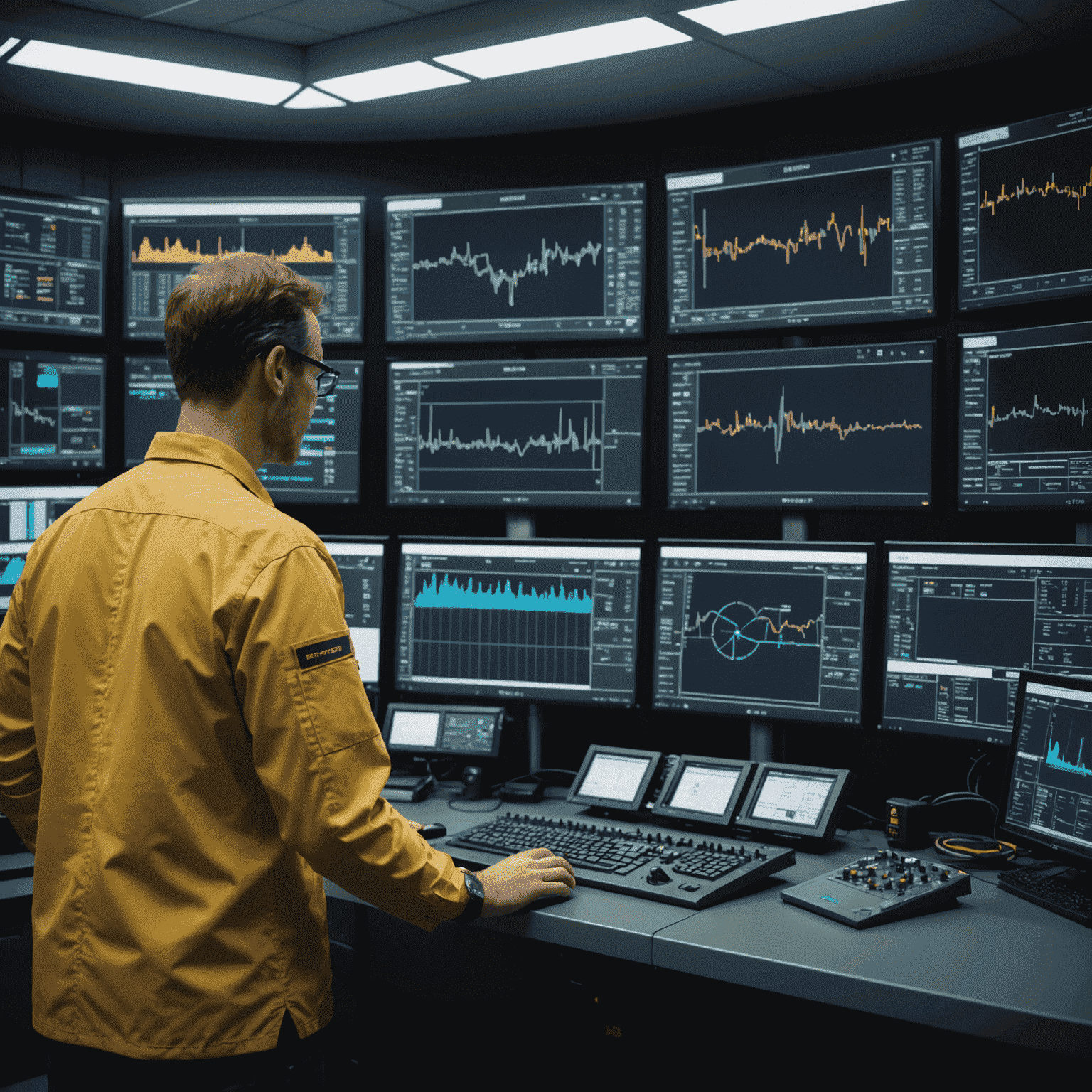 Advanced control room with multiple screens displaying real-time data, and a technician calibrating sensitive instrumentation equipment